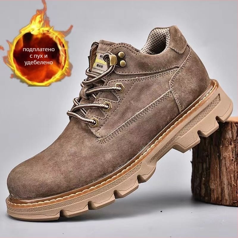 Мъжки зимни ботуши от свинска кожа, горен слой, подплатени флийс, корейски стил нисък връх, плоска подметка, шевна конструкция