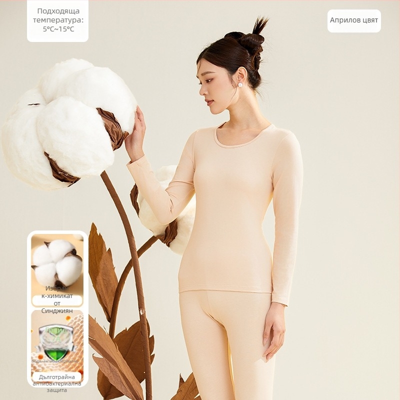 Дамски термокомплект от 95% памук, антибактериален, кръгло деколте, пуловер горна част