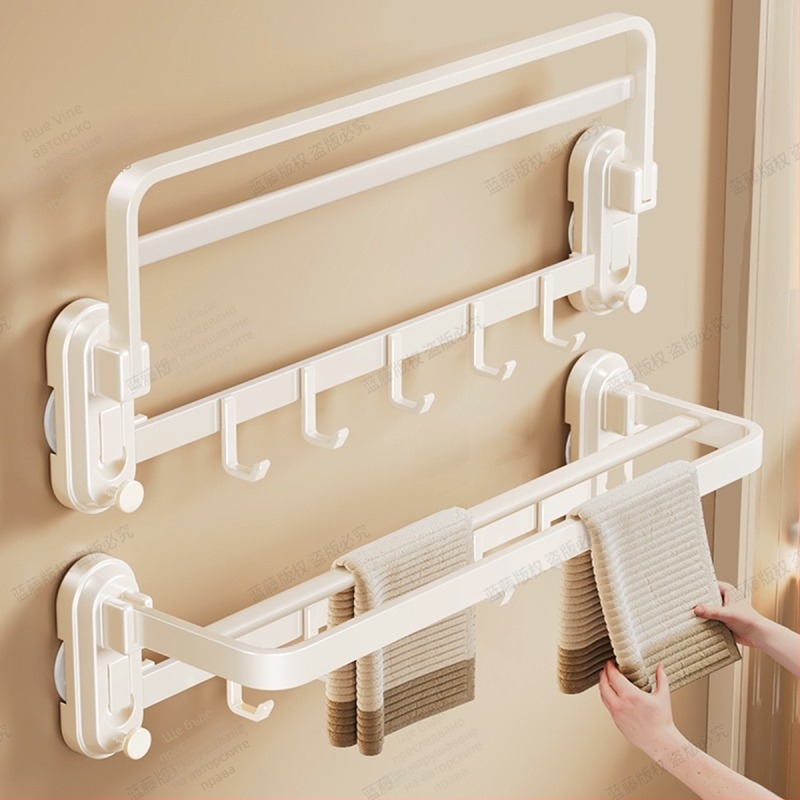 Държач за кърпи със вакуумно закрепване за баня, стенен без пробиване, ABS + въглеродна стомана, носимост 10 кг, единичен прът, стил лайт лукс