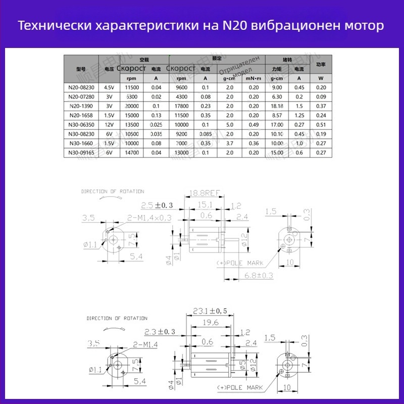 Микровибрационен мотор N20, 4.5 V DC, 9600 об/мин, 0.2 W, 0.1 A
