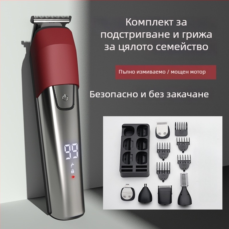 6-в-1 електрически подстригвач за коса – вградена батерия 500–800 мАч, време на работа 1–3 ч, водоустойчив, ножове от неръждаема стомана, мотор с четки