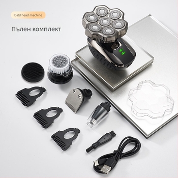 Седемглав клипър за обръсване на глава, безжичен, презареждаем, с вградена батерия 500–800 mAh, неръждаеми ножове, мотор с четки, водоустойчив и подходящ за пълно миене на тялото