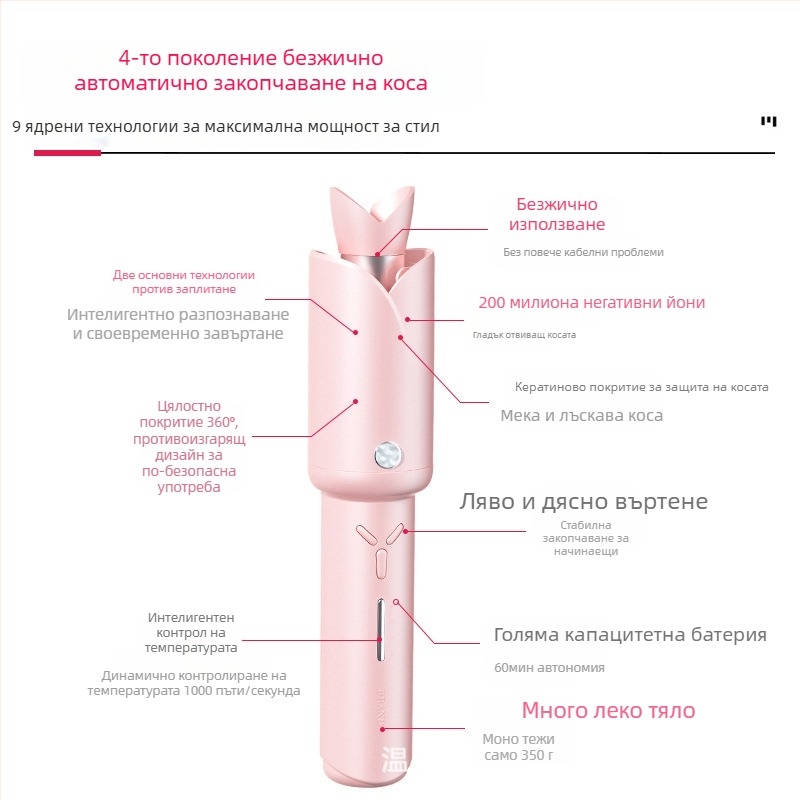 Безжичен автоматичен уред за къдрици с титаниево-турмалиново покритие, 42W, 12V, регулиране на температурата в 10 стъпки