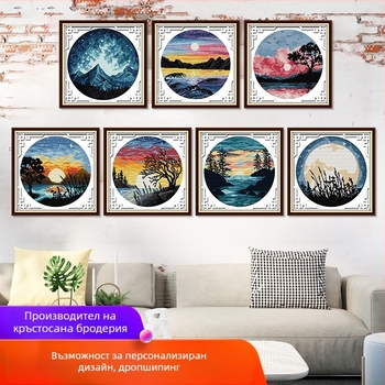 Комплект за бродерия с кръстат бод – пейзаж със залез и пълнолуние, платно 11ct, екологичен памук, подходящ за дневна/спалня/детска стая