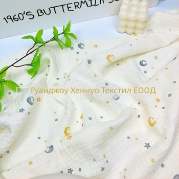 100% памук двуслоен креп плат с мультяшен принт звезда и луна за бебешки дрехи и спално бельо, екологично чист печат и боядисване