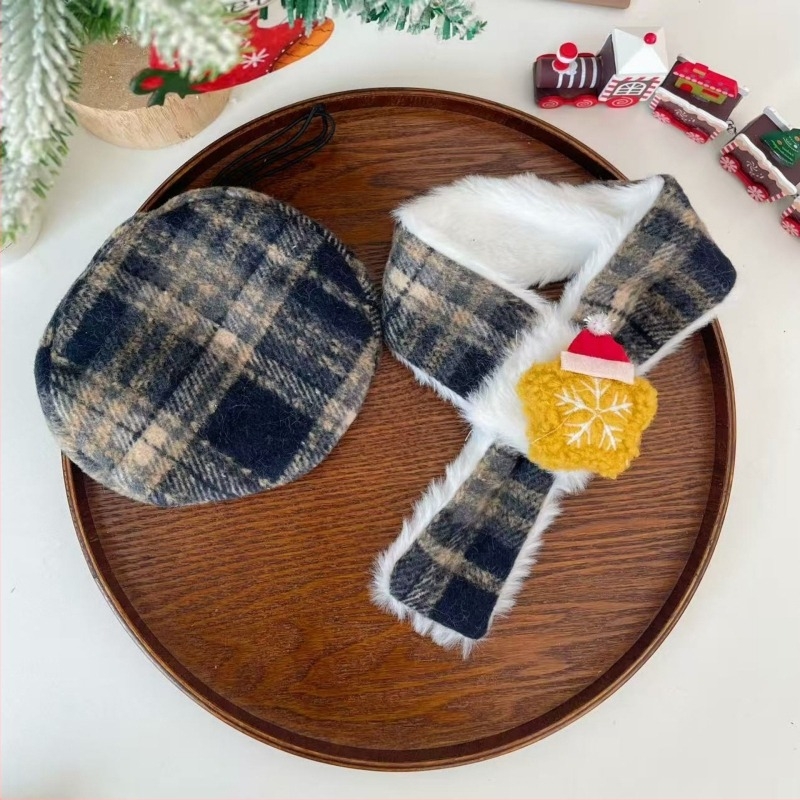 Коледен сет за домашни любимци: шал за котка и берета с карикатурен принт, каре дизайн, полиестер, ръчно изработено, универсален за всички животни, аксесоари за шалове и шапи