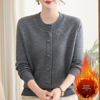 Дамски плетен суитшърд с качулка за зрели жени, флийс-линиран, кръгло деколте, дълги ръкави, свободна кройка, модел панделка, полиестер 80–90%, Зима 2025