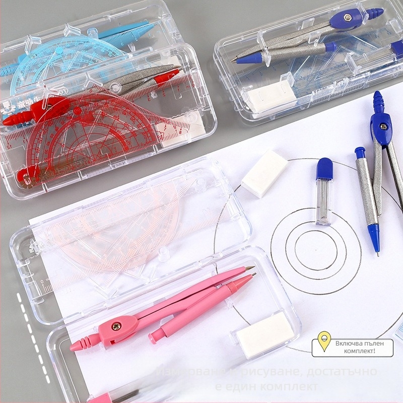 Седемчастен геометричен комплект за ученици — Travel, модел a1318, пластмасов, 200 бр./картон