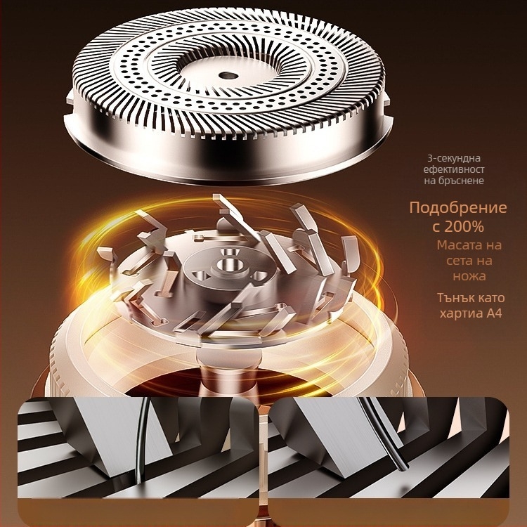 Електрически бръснач за мъже с безчетков мотор, плаваща глава с три пръстена и 18 лезвия, USB‑C бързо зареждане, вградена батерия 500–800 mAh, работа над 60 минути