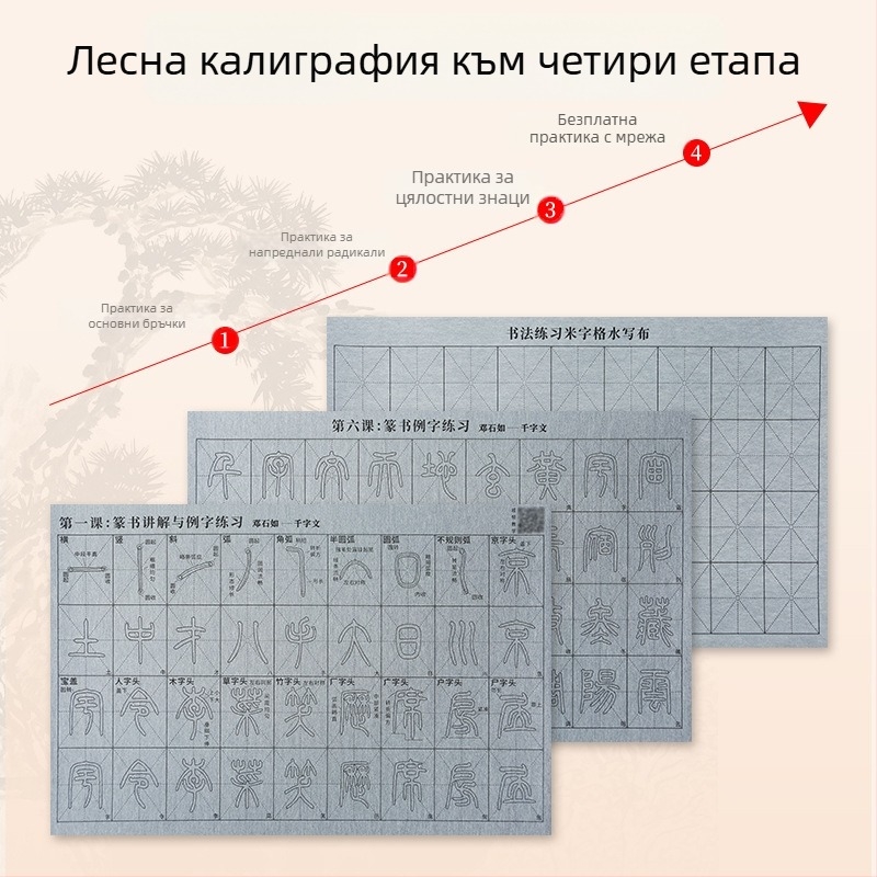 Комплект за калиграфия: Seal Script шрифт, видеоурок със синхронни удари и радикали, водно платно за писане, комплект четки
