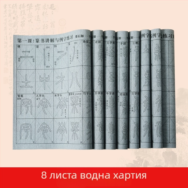 Комплект за калиграфия: Seal Script шрифт, видеоурок със синхронни удари и радикали, водно платно за писане, комплект четки