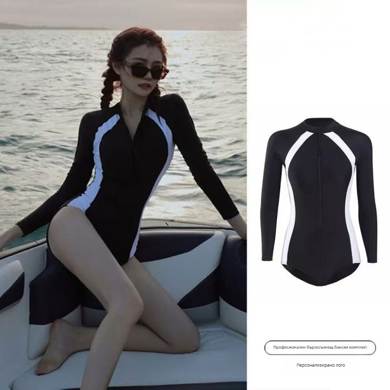 Едночастов бански с дълги ръкави, подплънки за бюст без банели, полиестерна материя, едноцветен дизайн, за жени – плуване