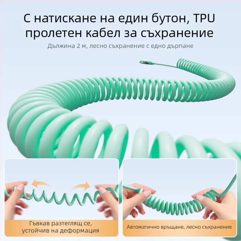 Spring Data Cable — четири в едно конектори, интерфейси Lightning, USB-A и Type-C, силиконов сгъваем дизайн, максимална мощност 240W