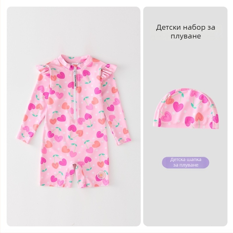 Детски бански за момичета с дълги ръкави и защита от слънцето, дизайн Korean Heart – полиестер 83%, код на продукта Hx-2520, за плаж, гмуркане и сърф.