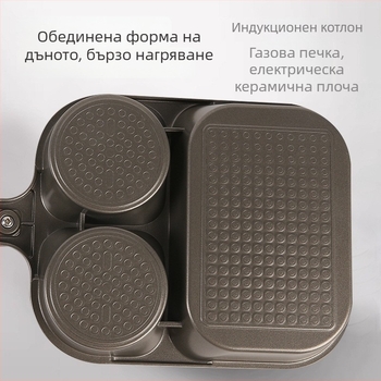Три в едно тиган за закуска — алуминий, незалепващо покритие; многослойно дъно; подходящ за омлети, яйца и стейк; съвместим с всички котлони