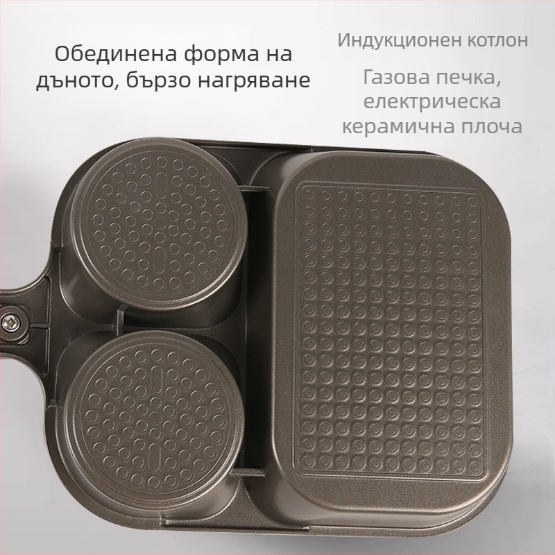 Три в едно тиган за закуска — алуминий, незалепващо покритие; многослойно дъно; подходящ за омлети, яйца и стейк; съвместим с всички котлони