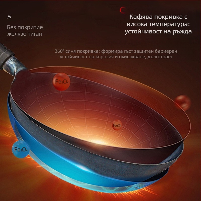 Уок от ковано желязо с двойно дъно, без покритие, стъклен капак, универсален за газови и индукционни котлони