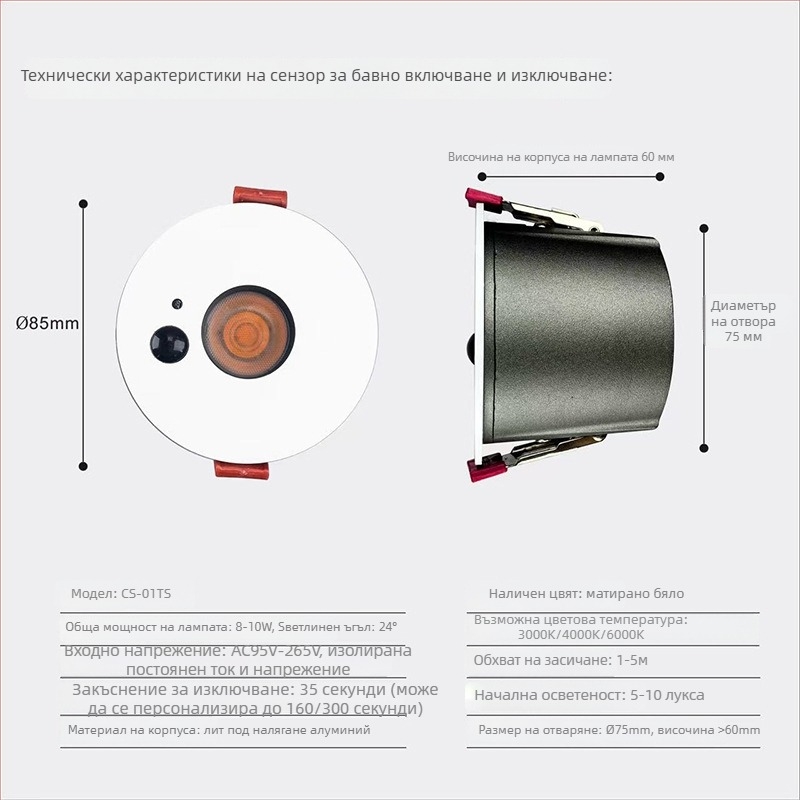 Simcnc прожектор за вход със сензор за движение, COB LED, алуминиев корпус, висок CRI 95%, до 36V, сензор за човешкото тяло