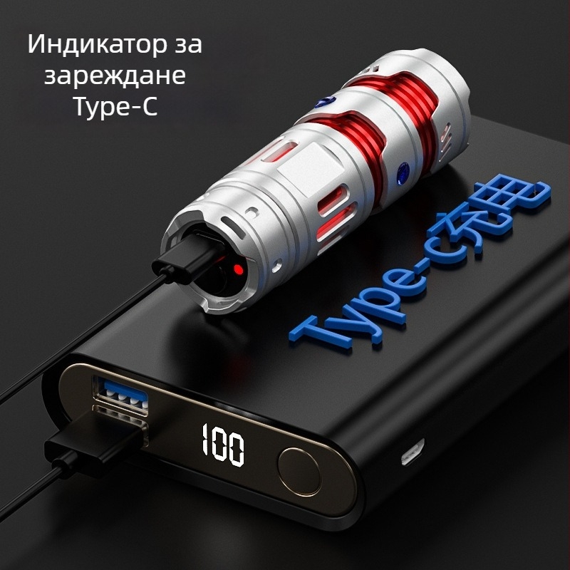 LED фенер с USB-C зареждане, 2000mAh батерия, корпус от алуминиева сплав, 360° въртяща глава, обхват до 100–200 м