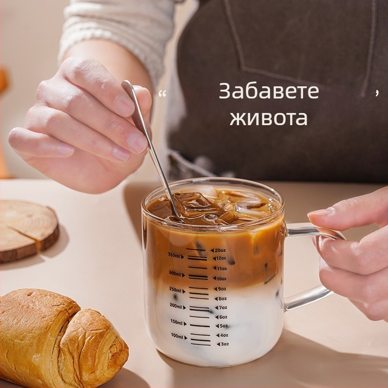 Чаша за мляко с дръжка — стъкло с висока боросиликатност, устойчива на високи температури, ръчна изработка, семпъл дизайн