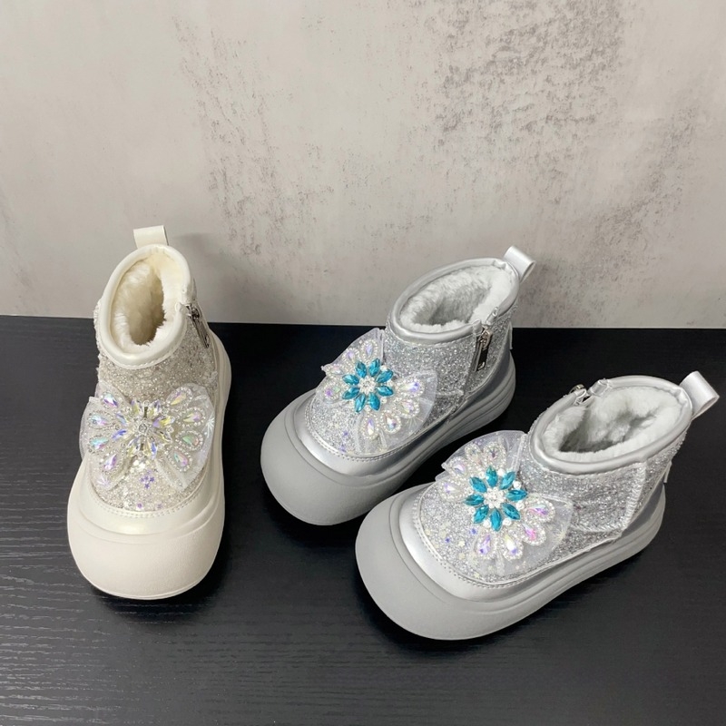 Детски снежни ботуши с кристали и панделка, водоустойчиви, принцес стил, горна част от ултра-фибър, гумирана подметка, модел Z85X9, за възраст 4–16 години