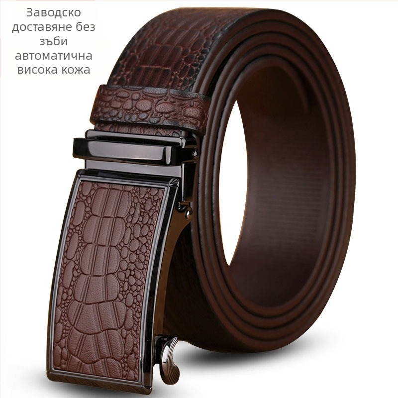 Мъжки кожен колан от естествена кожа (първи слой) с крокодилски принт, автоматичен закопчалник, ширина 3,5 см