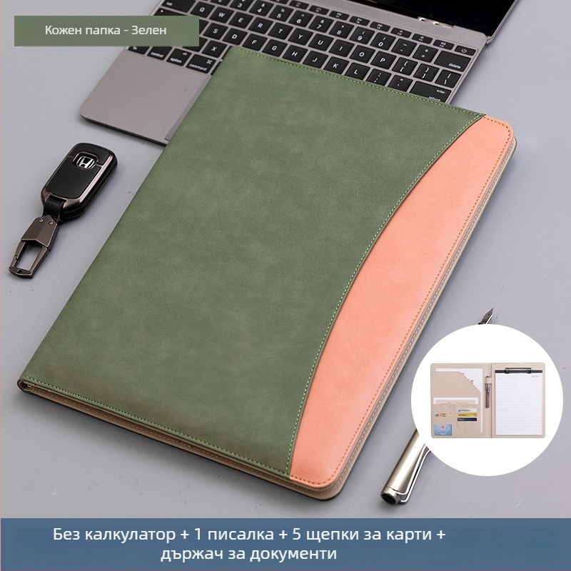 Кожена A4 папка с мощен щипков механизъм и щипка за плоча, персонализирана с отпечатано лого