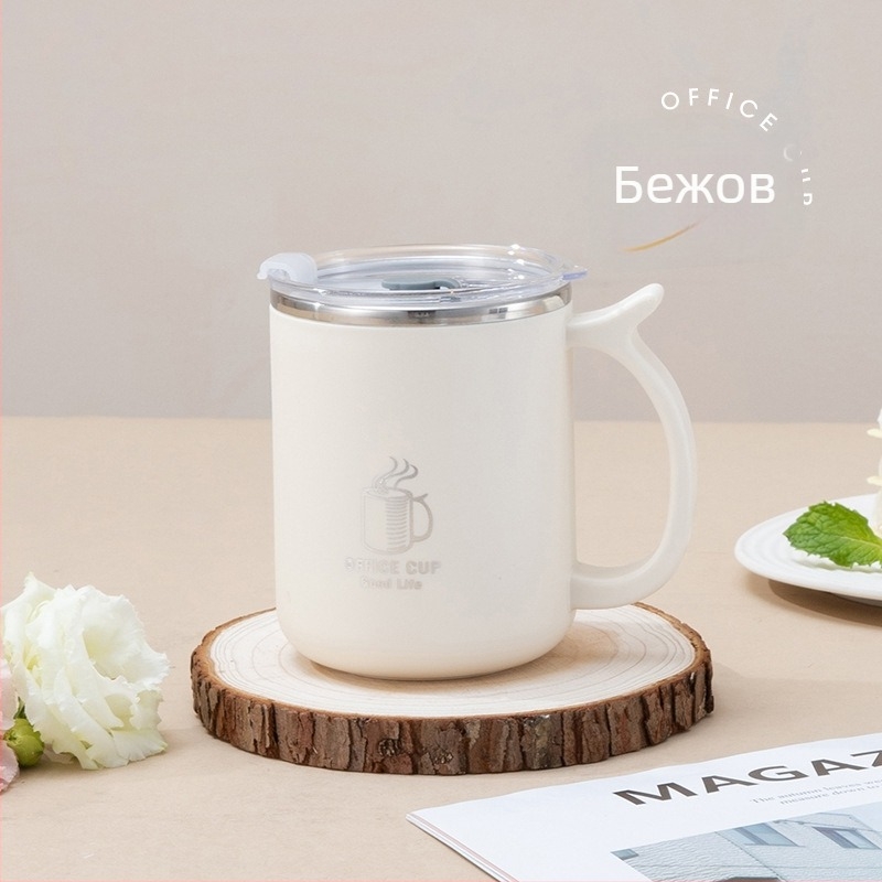 Студентска чаша за вода от 304 неръждаема стомана с двойна изолация и капак — KEBI; материали: 304 нерж. стомана + PP пластмаса; непроливна