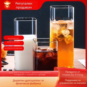 Стъклена чаша за вода, боросиликатно стъкло, квадратна форма, без дръжка и капак, с отпечатано лого, ръчно духано