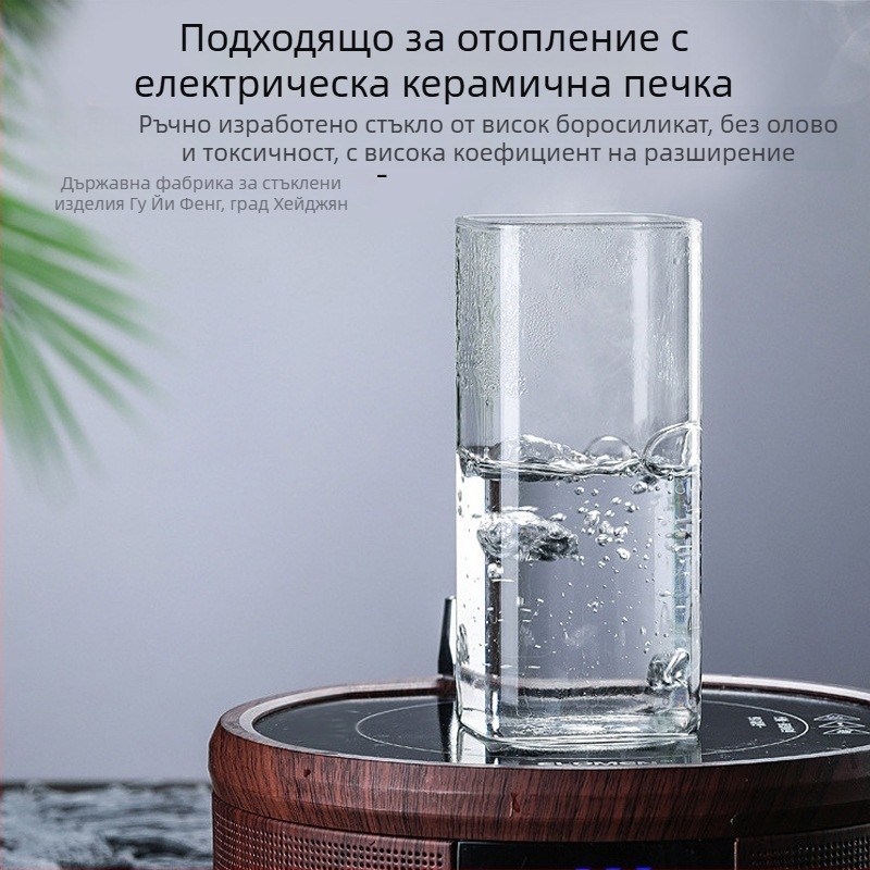 Стъклена чаша за вода, боросиликатно стъкло, квадратна форма, без дръжка и капак, с отпечатано лого, ръчно духано