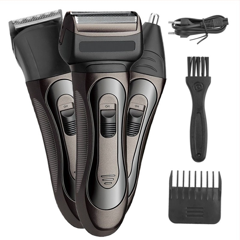 Електрическа бръсначка за тяло с подвижен, измиващ се глава; 2-ножов реципрочен нож; IPX7 водоустойчива; вградена батерия 500–800 mAh; мощност 5 W; време за работа 30–45 мин.