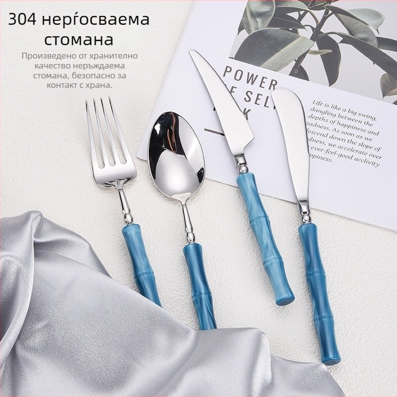 Сет нож, вилица и лъжица за стейк от 304 неръждаема стомана – огледално полирани, ръчна изработка, мотив от бамбуков възел