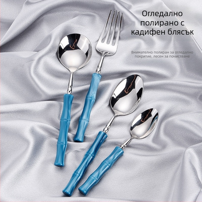 Сет нож, вилица и лъжица за стейк от 304 неръждаема стомана – огледално полирани, ръчна изработка, мотив от бамбуков възел