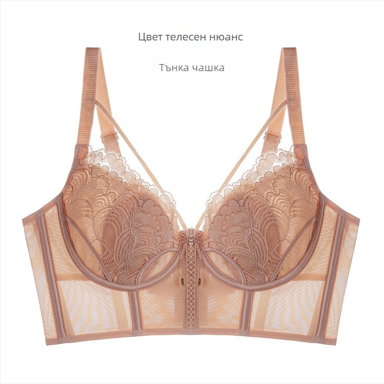 Бюстгальтер с ушички във френски стил за жени, чашка 3/4, ултра тънък формован чаш, фиксирани двойни презрамки, горна опора, мрежеста материя, основна съставка 80–90%