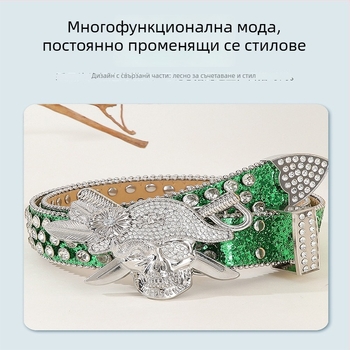 Колан с кристали в панк стил – PU кожа, катарама от сплав, закопчаване с пирон, ширина 2–4 см, електроплатинг