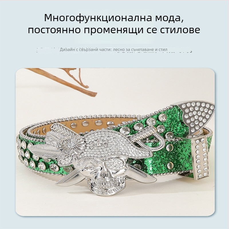 Колан с кристали в панк стил – PU кожа, катарама от сплав, закопчаване с пирон, ширина 2–4 см, електроплатинг