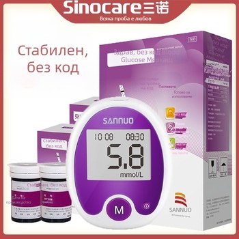 Глюкомер Sannuo без кодиране, пластмасово тяло, тест ленти включени