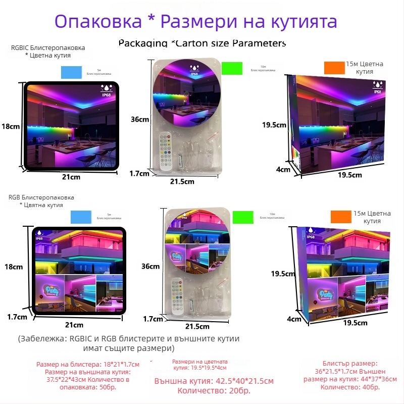 Външна LED лента RGBIC, 18 LED 5050, 5V вход, IP68 водоустойчива, регулируема яркост