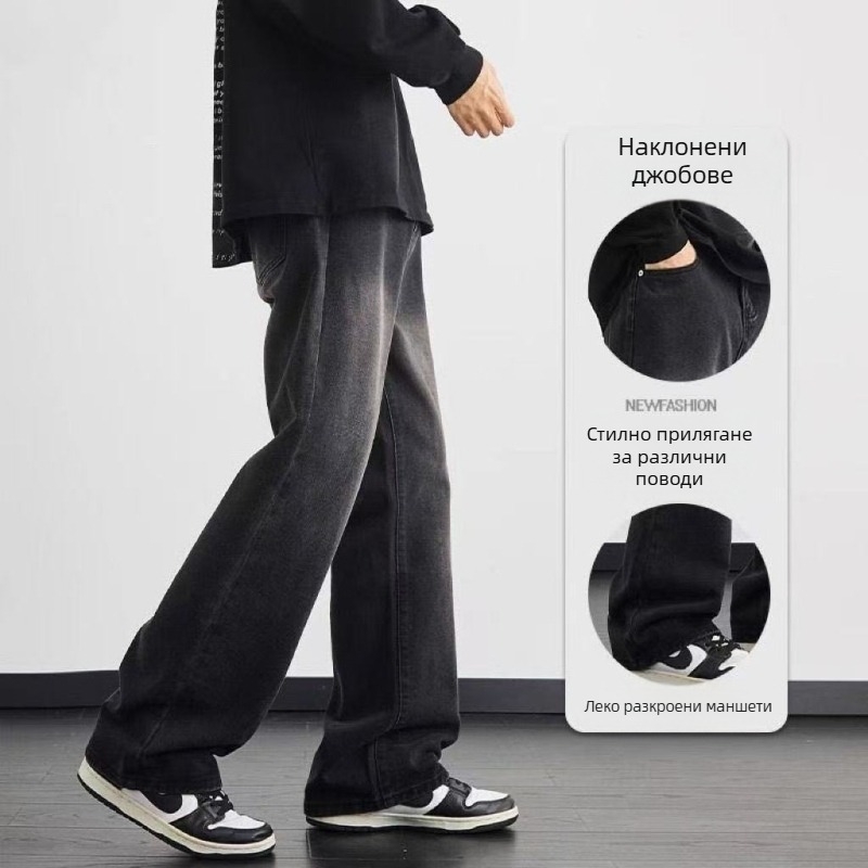 Винтидж мъжки дънки от памук деним, средно висока талия, права кройка, закопчаване с лента, изпрано винтажно покритие, 65% памук