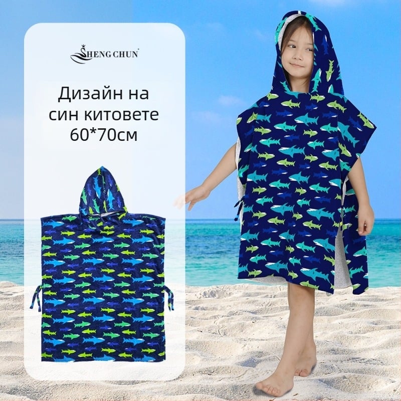 Детски халат за баня с качулка – от чист памук, 300–400 г, 21 нишки прежда, печат