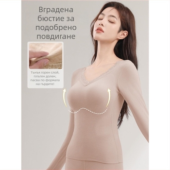 Дамски термо комплект с вградена подплънка за бюста, плътен полиестер, V-образно деколте, дълъг ръкав и панталони (Полиестер; подплънка за бюст; V-образно деколте; дебел материал)