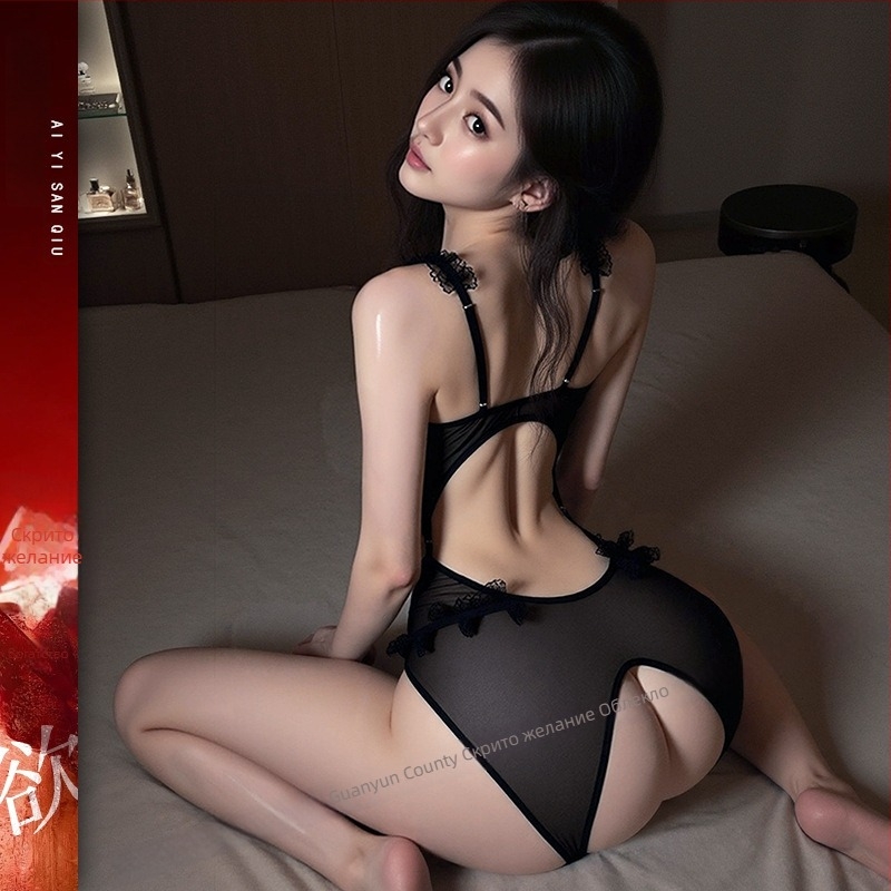 Дантелено прозрачно униформено боди, полиестерна тъкан