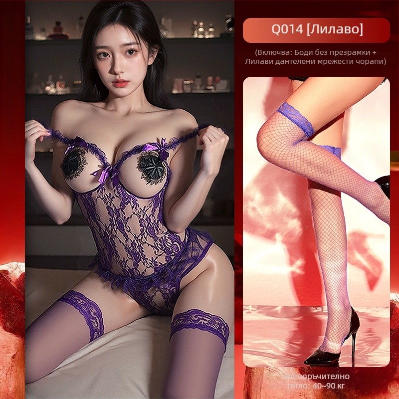 Дантелено прозрачно униформено боди, полиестерна тъкан