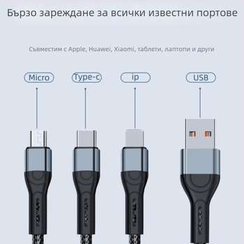 Ai line Rhino 3-в-1 бързозареждащ кабел за смартфони с Lightning, Micro USB и Type-C, алуминиев корпус, автоматично изключване, до 6A максимален изход