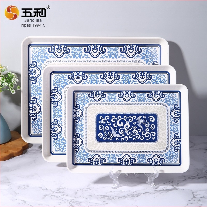 Меламинов квадратен поднос за чай в новокитайски стил, разнообразни шарки, печатано лого и възможност за персонализация.