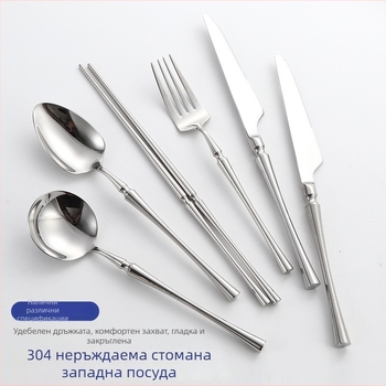 Шестчленен комплект прибори за хранене от 304 неръждаема стомана със огледално полиране, скандинавски минималистичен стил, възможност за печат на лого