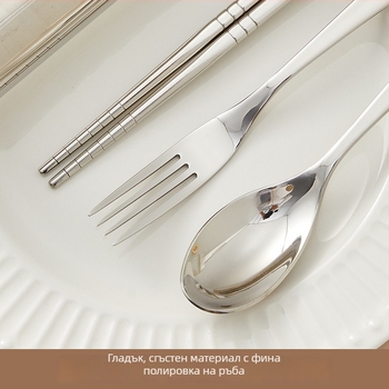 Портативен 3-частов комплект прибори за хранене от неръждаема стомана – лъжица, вилка и палички за хранене, 304 неръждаема стомана, огледално полирани, стил Инс