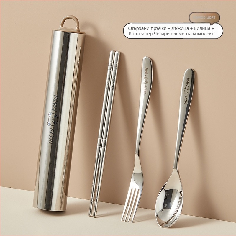 Портативен 3-частов комплект прибори за хранене от неръждаема стомана – лъжица, вилка и палички за хранене, 304 неръждаема стомана, огледално полирани, стил Инс