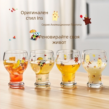 Стъклена чаша за напитки, високо боросиликатно стъкло; кръгла форма; карикатурен дизайн; топлоустойчива; печат на лого