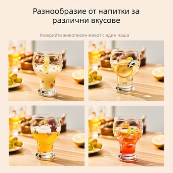 Стъклена чаша за напитки, високо боросиликатно стъкло; кръгла форма; карикатурен дизайн; топлоустойчива; печат на лого